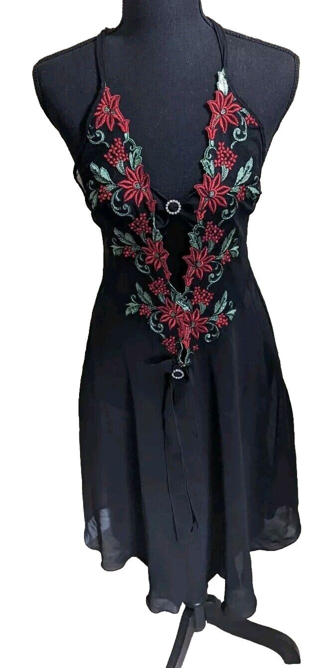Angel's Story Midi Slip Dress Lingerie Black Embroidered Lace Sheer Medium